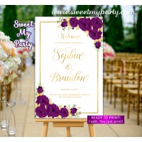 Plum Wedding Welcome Sign,Plum and Gold Wedding Welcome sign,(109w)